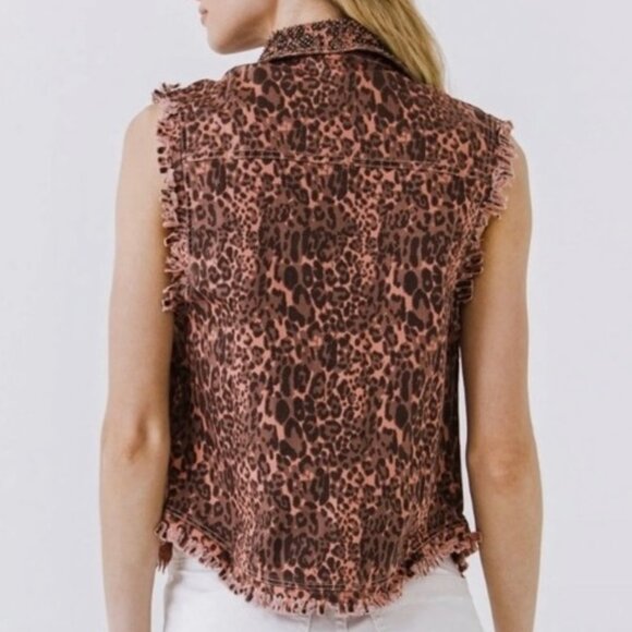 English Rose Pink Leopard Print Fringe Stud Collar Denim Vest Size Small-Medium - Picture 2 of 5